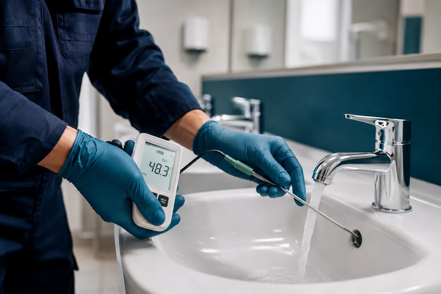 Water hygiene engineer taking a temperature reading at a tap with a digital probe