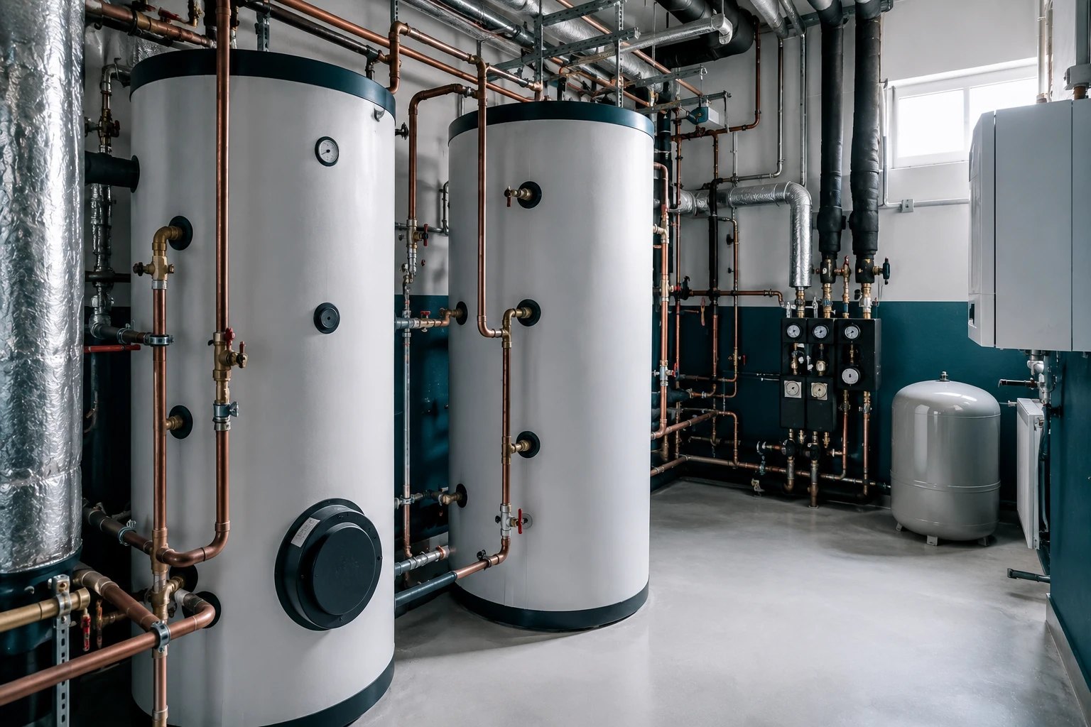 Commercial plant room with hot water calorifiers and copper pipework
